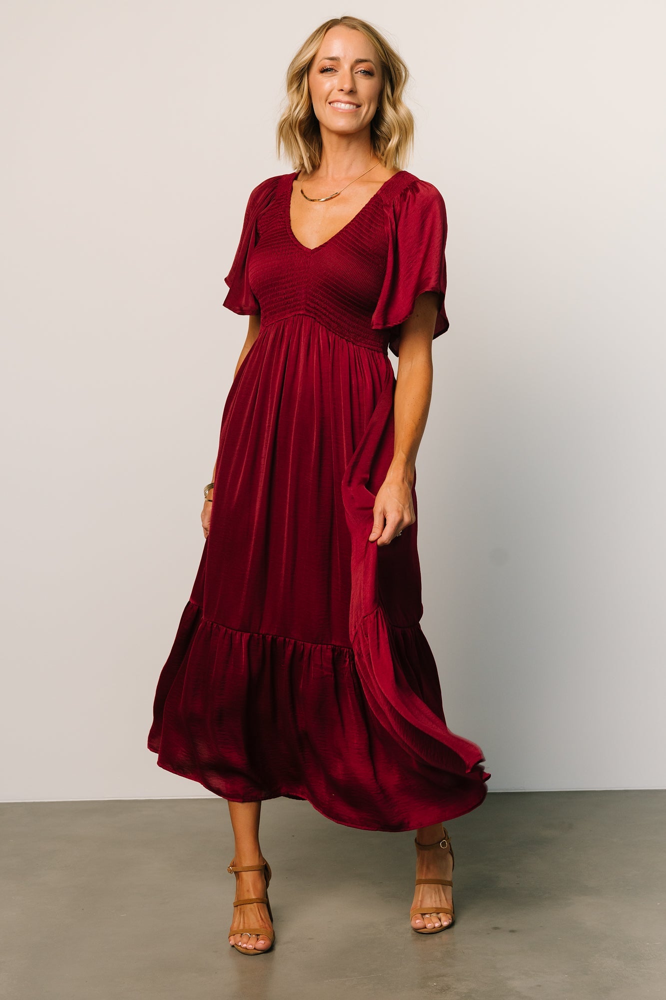 Wine Smocked Midi Dress with Flutter Sleeves | Lovell