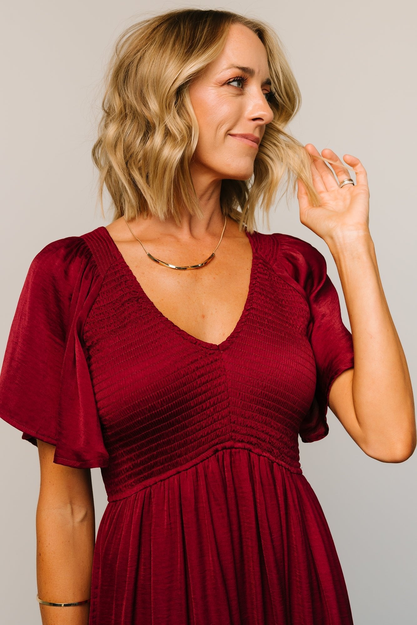 Wine Smocked Midi Dress with Flutter Sleeves | Lovell