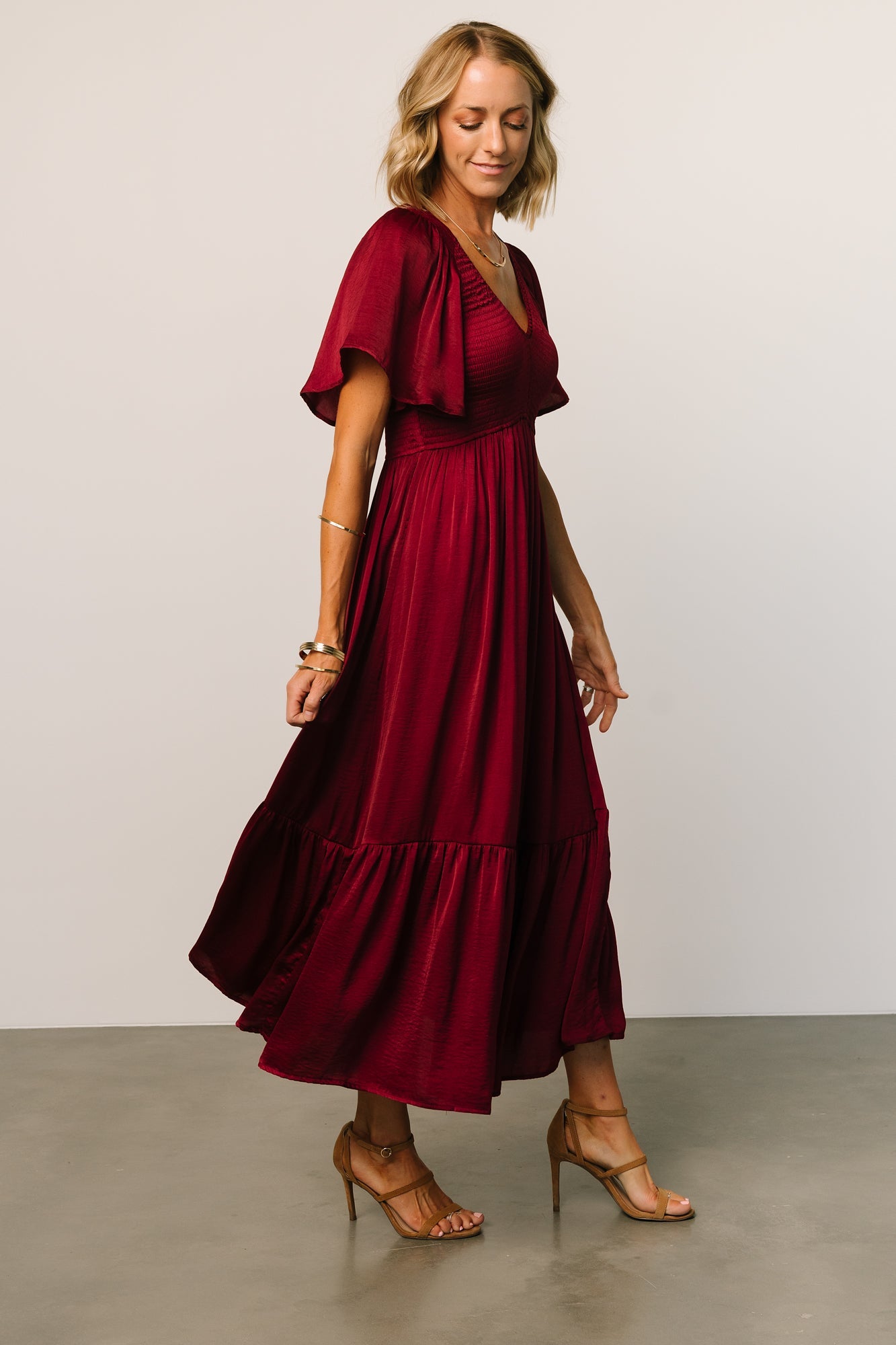 Wine Smocked Midi Dress with Flutter Sleeves | Lovell