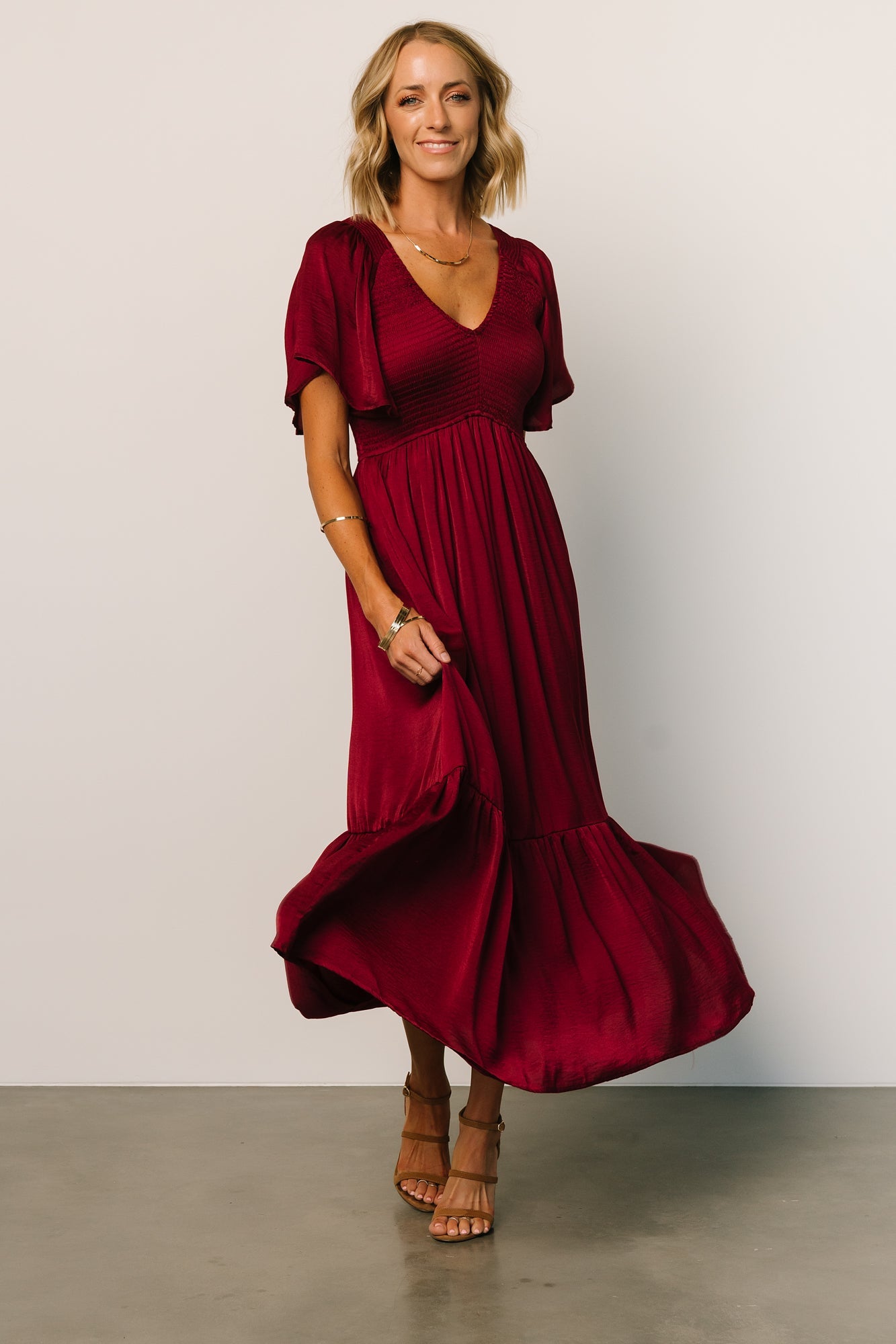 Wine Smocked Midi Dress with Flutter Sleeves | Lovell