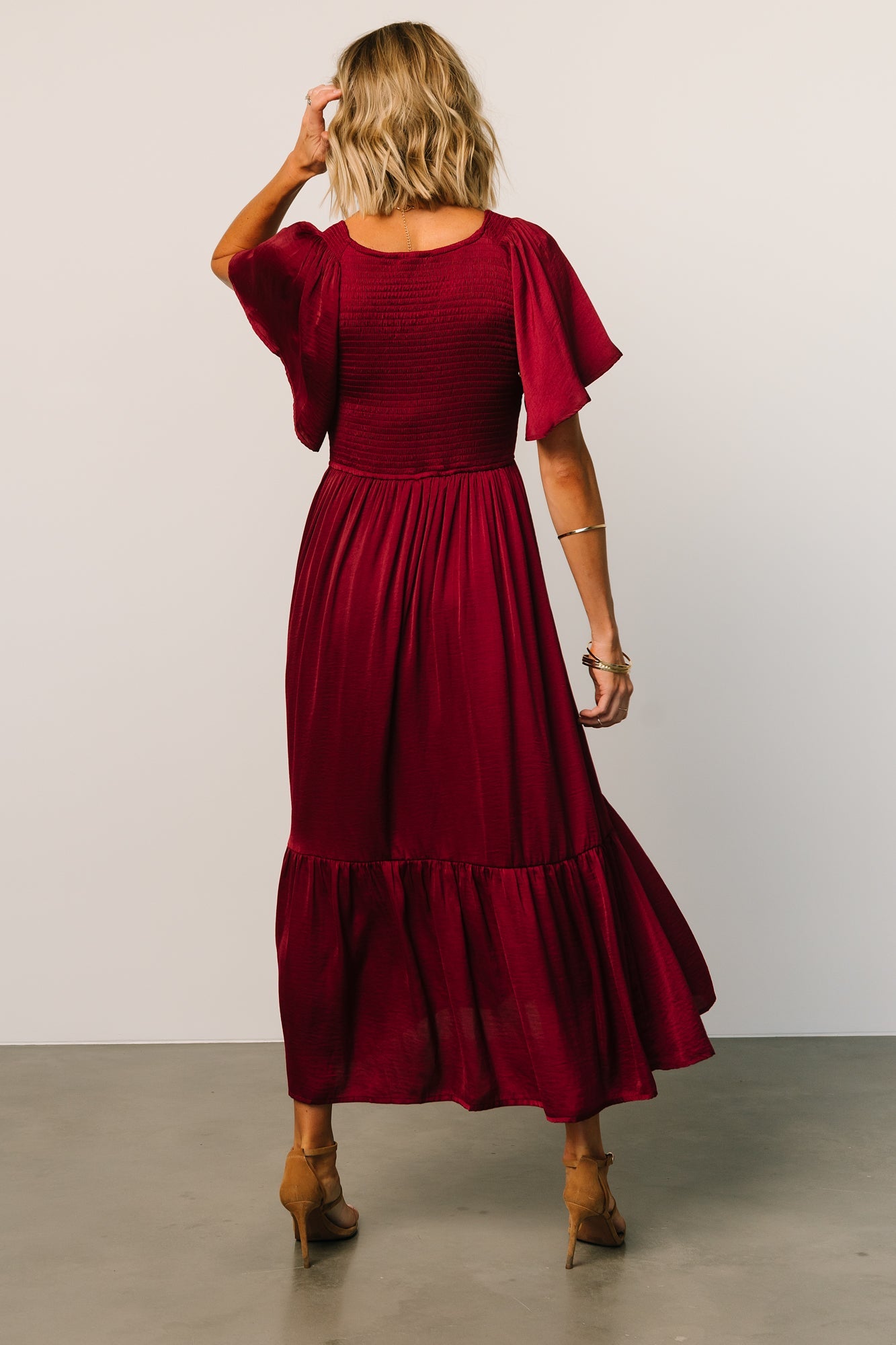 Wine Smocked Midi Dress with Flutter Sleeves | Lovell