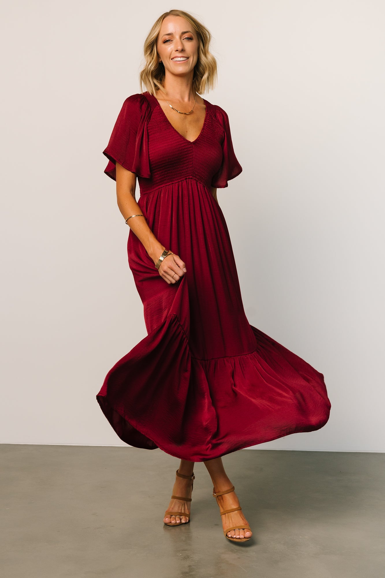 Wine Smocked Midi Dress with Flutter Sleeves | Lovell