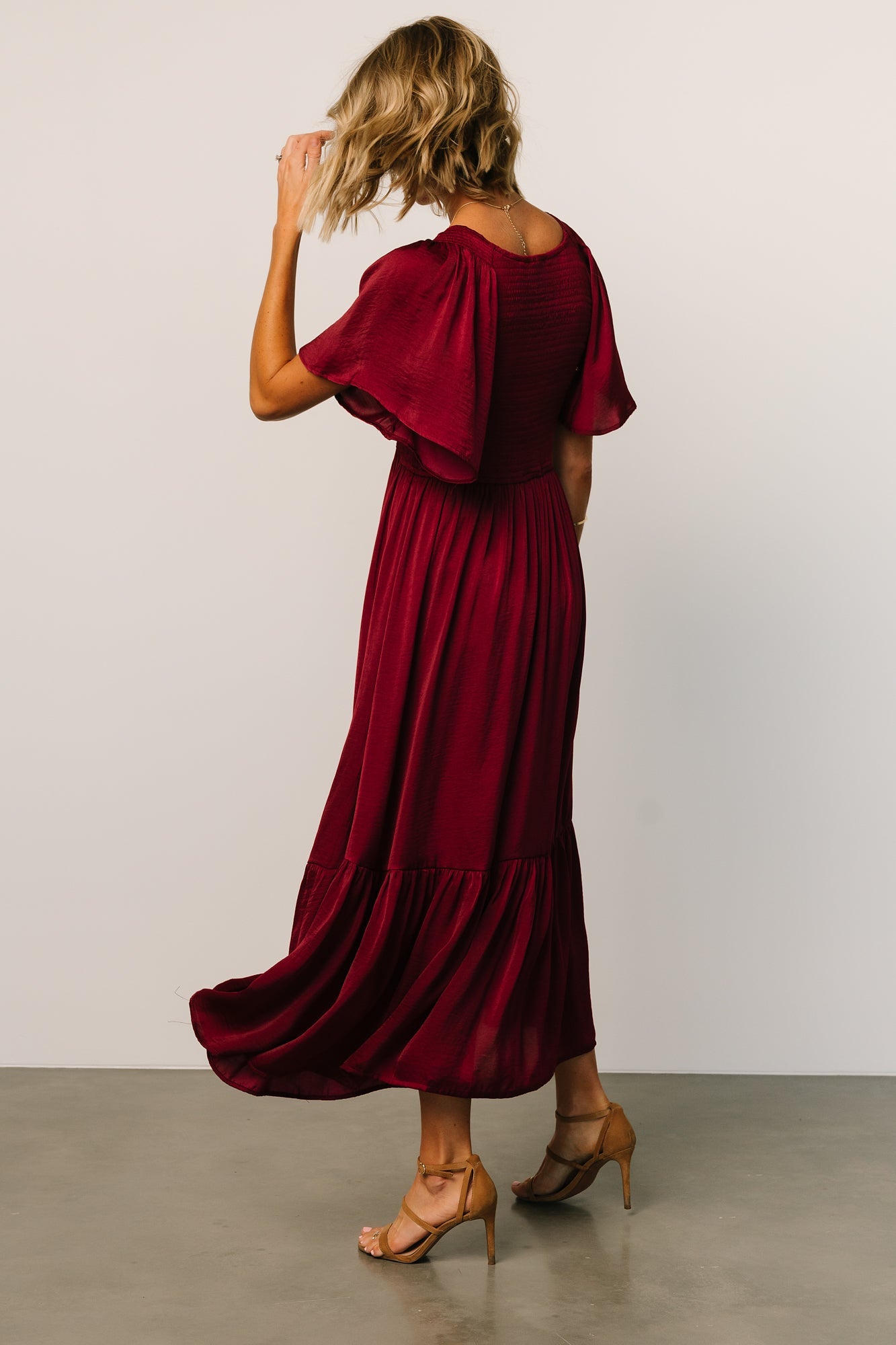 Wine Smocked Midi Dress with Flutter Sleeves | Lovell