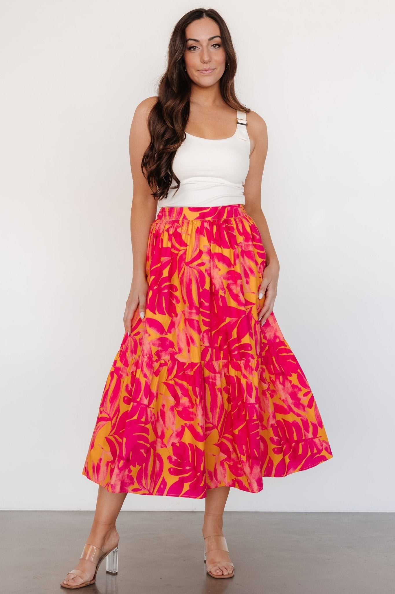 Floral Tiered Midi Skirt in Cotton | Luana Orange & Fuchsia