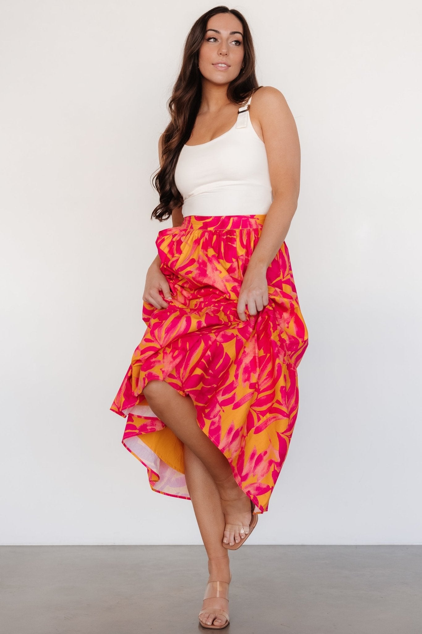 Floral Tiered Midi Skirt in Cotton | Luana Orange & Fuchsia