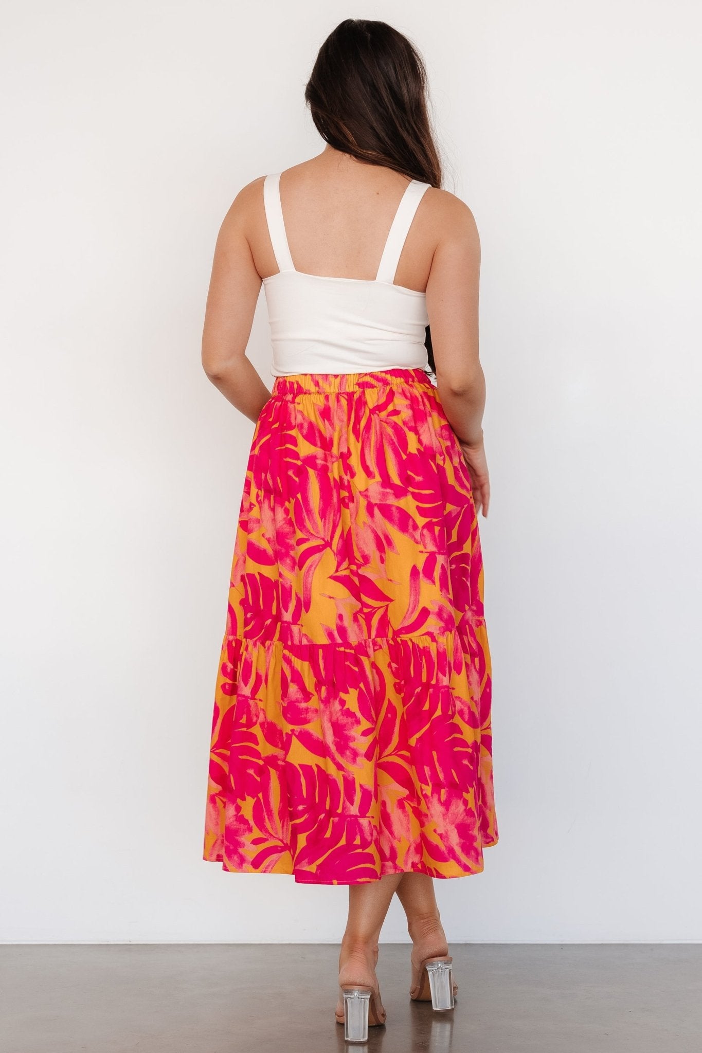 Floral Tiered Midi Skirt in Cotton | Luana Orange & Fuchsia
